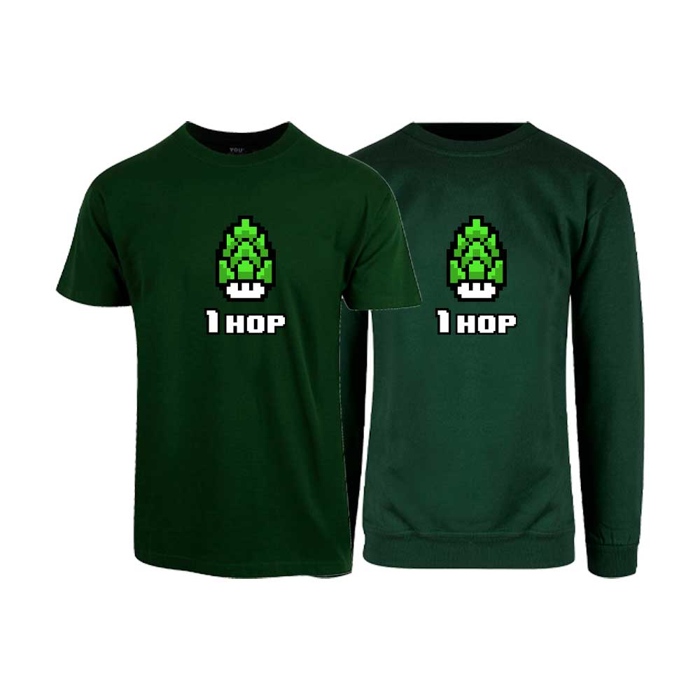 Flaskegrønn t-skjorte og sweatshirt med trykket "1 hop"