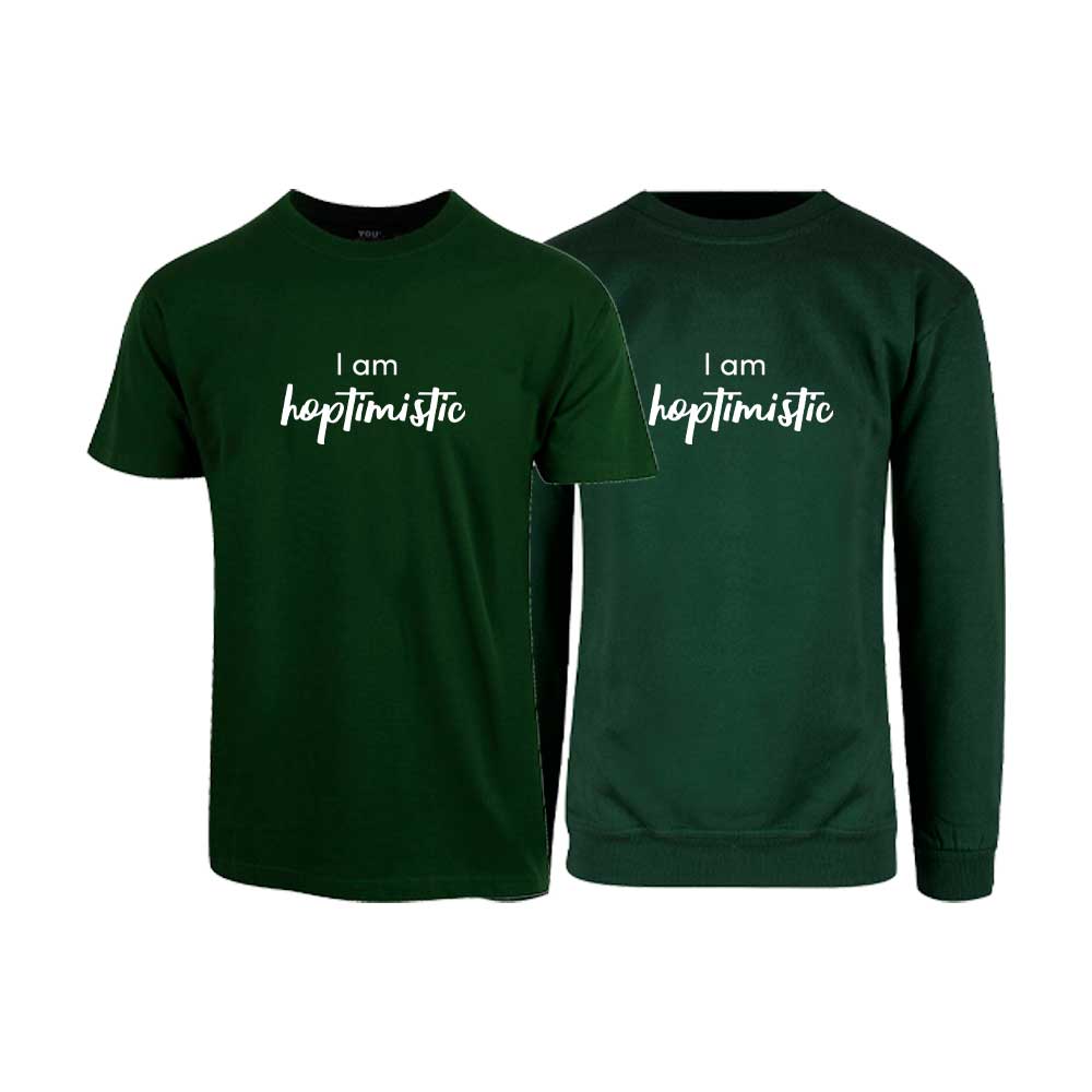 Grønn t-skjorte og sweatshirt med trykket "Hoptimistic"