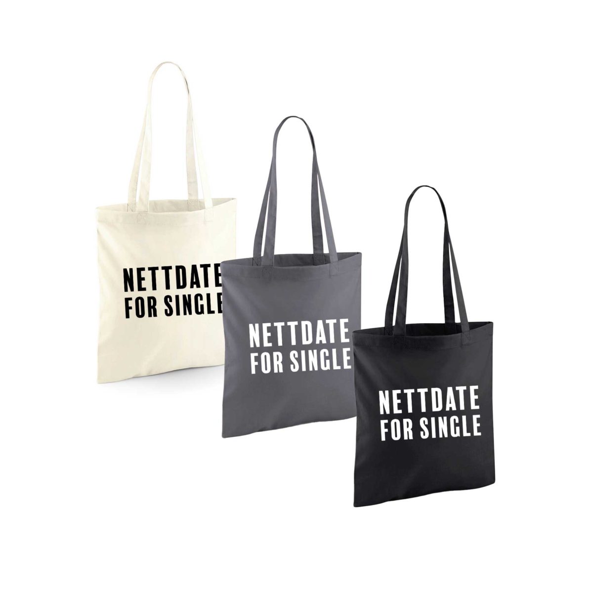 Grått, sort og naturfarget handlenett med lang hank. med påtrykket hvit tekst "Nettdate for single!"