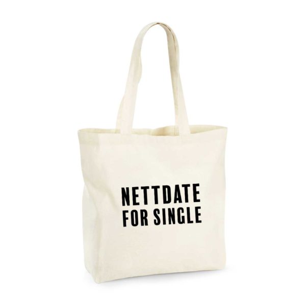 Hvitt handlenett med påtrykket "Nettdate for single" i hvitt