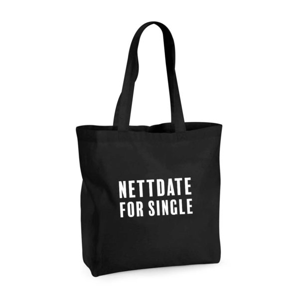 Sort handlenett med påtrykket "Nettdate for single" i hvitt