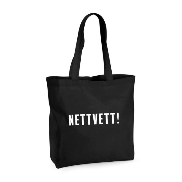 Sort handlenett med påtrykket "Nettvett" i hvitt