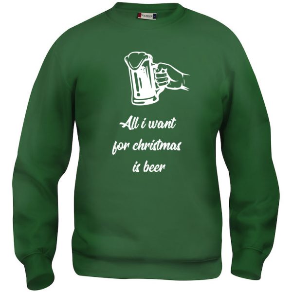 Grønn genser med "All I want for Christmas is beer"