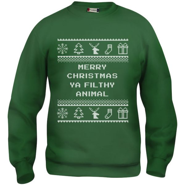 Grønn genser med sitat fra Alene Hjemme, "Merry Christmas ya filthy animal".