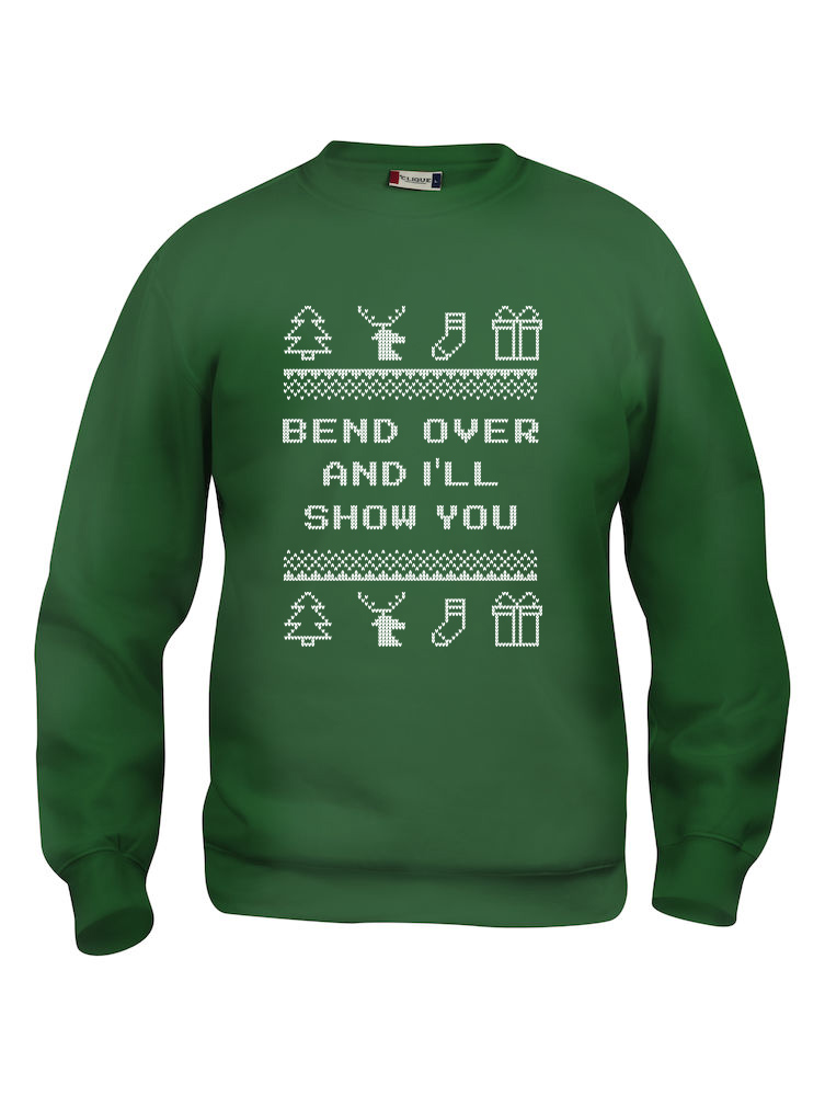 Grønn genser med sitat fra Christmas Vacation "Bend over and I´ll show you"