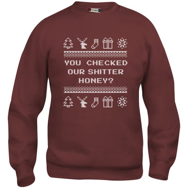 Rød genser med sitat fra Christmas Vacation "You checked our shitter, honey"
