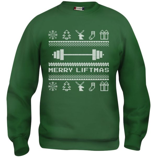 Grønn genser med julemotiv og "Merry Liftmas"