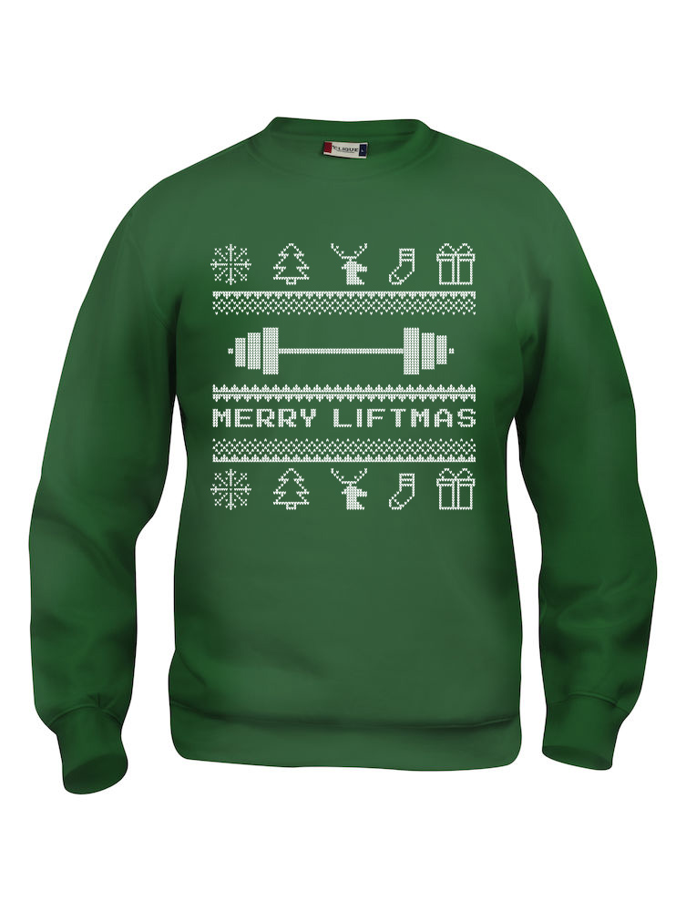 Grønn genser med julemotiv og "Merry Liftmas"