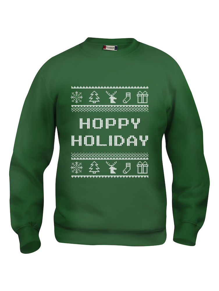 Grønn genser med julemotiv og "Hoppy Holiday"