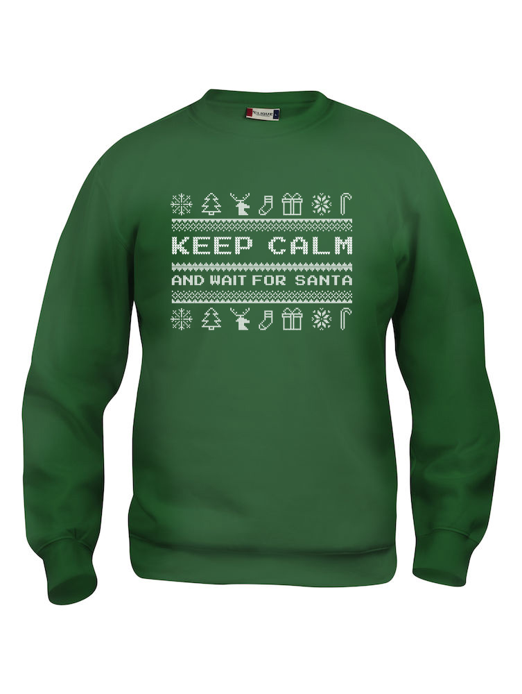 Grønn genser med "Keep calm and wait for Santa"