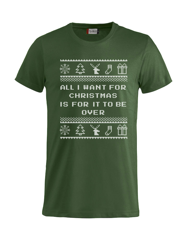 Grønn t-skjorte med "All I want for Christmas is for it to be over"