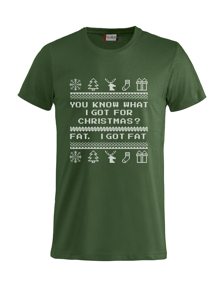 Grønn t-skjorte med "You know what I got for Christmas? Fat. I got Fat."