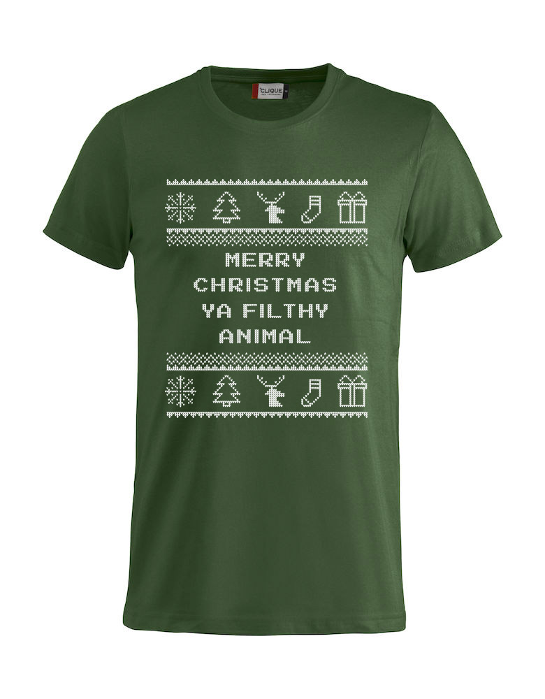 Grønn t-skjorte med sitat fra Alene Hjemme, "Merry Christmas ya filthy animal".