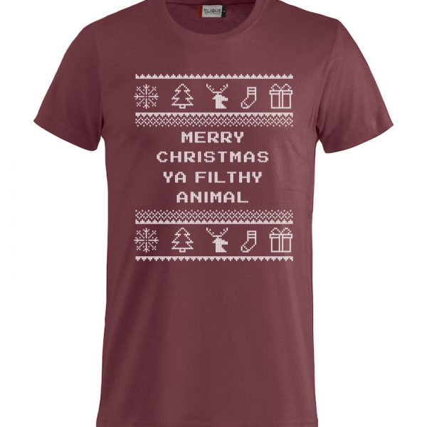 Rød t-skjorte med sitat fra Alene Hjemme, "Merry Christmas ya filthy animal".