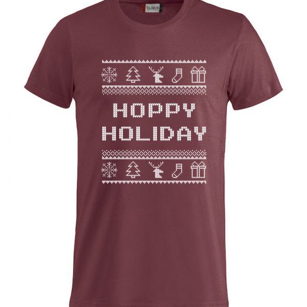 Rød t-skjorte med julemotiv og "Hoppy Holiday"