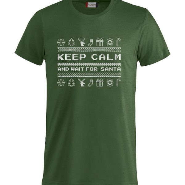 Grønn t-skjorte med "Keep calm and wait for Santa"