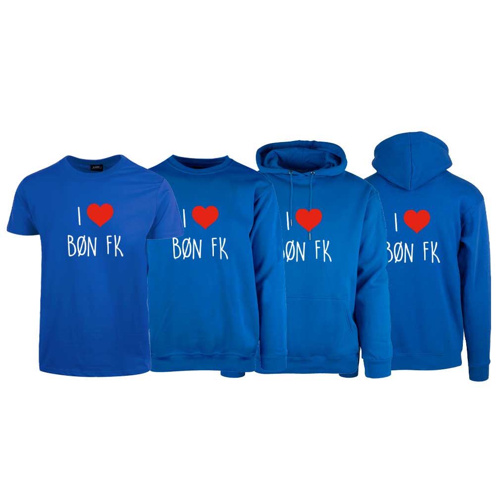 Blå t-skjorte, genser, hettegenser og hettejakke med I love Bøn FK