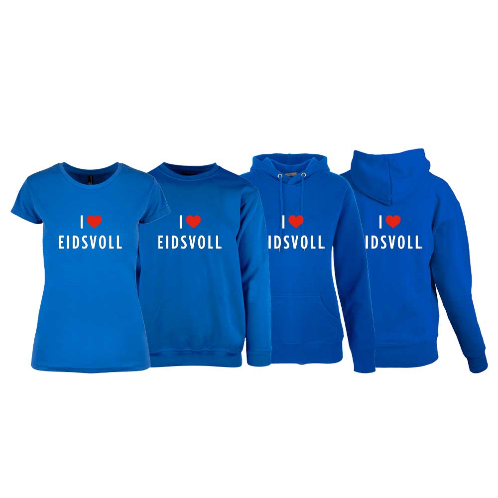 Kornblå t-skjorte , sweatshirt,hettegenser og hettejakke fra YouBrands med trykket "I love Eidsvoll"