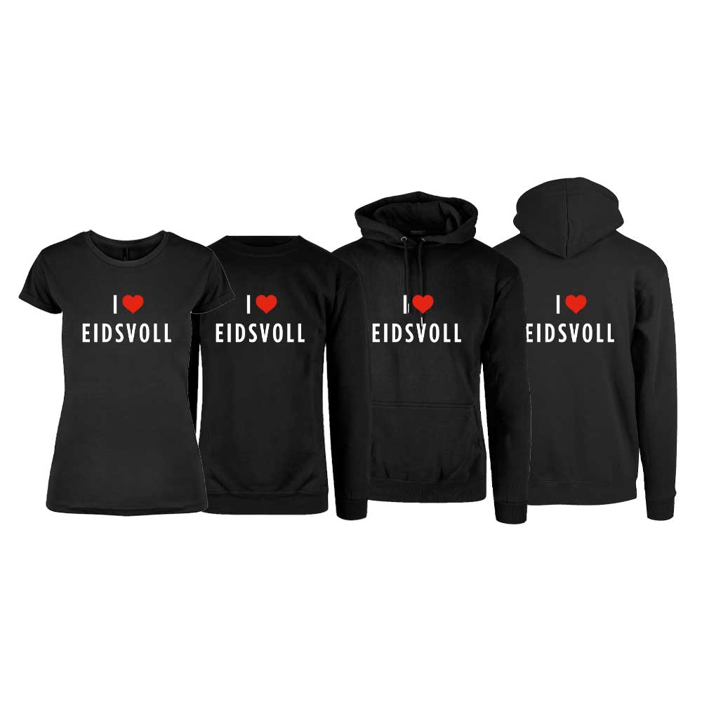 Svart t-skjorte , sweatshirt,hettegenser og hettejakke fra YouBrands med trykket "I love Eidsvoll"
