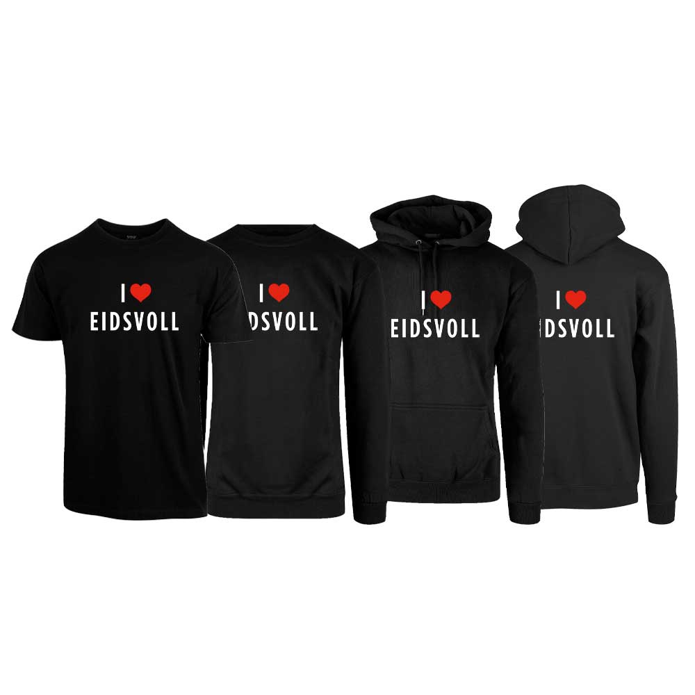 Svart t-skjorte , sweatshirt,hettegenser og hettejakke fra YouBrands med trykket "I love Eidsvoll"