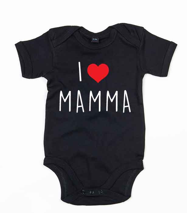 Svart babybody med teksten "I love mamma"