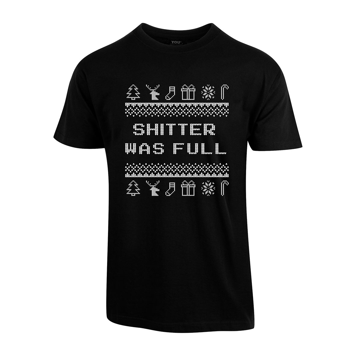 Svart t-skjorte med teksten "shitter was full" i hvitt på brystet