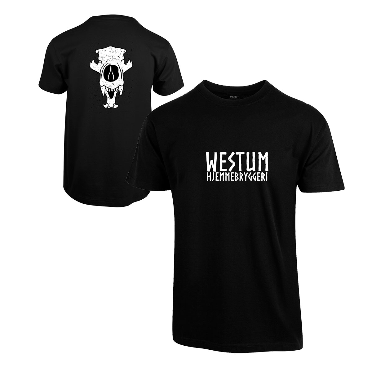 T-skjorte med Westum Hjemmebryggeri-logo på bryst og Westum-emblem på rygg