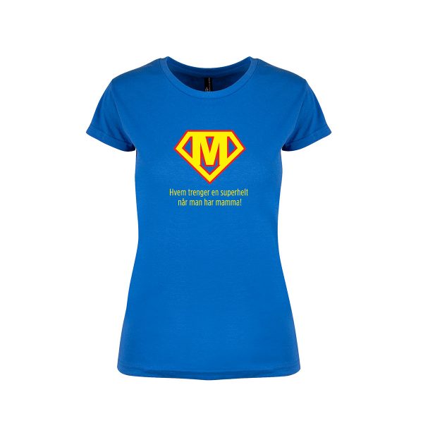Blå t-skjorte fra YouBrands med trykket "Mamma superhelt"