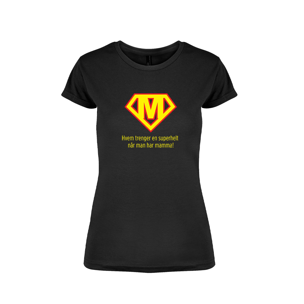 Svart t-skjorte fra YouBrands med trykket "Mamma superhelt"