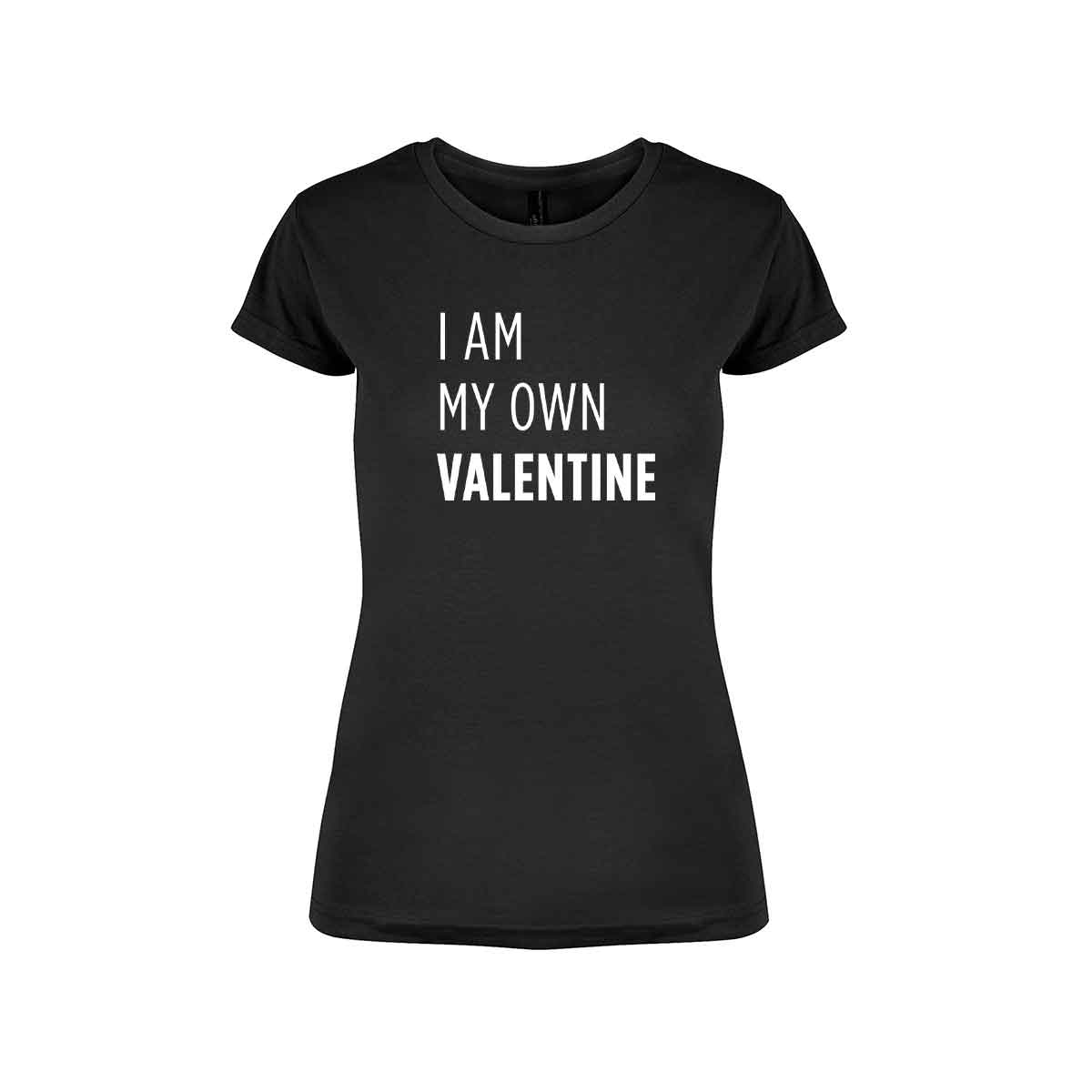 Svart t-skjorte fra YouBrands med fluoriserende trykk "I am my own Valentine"