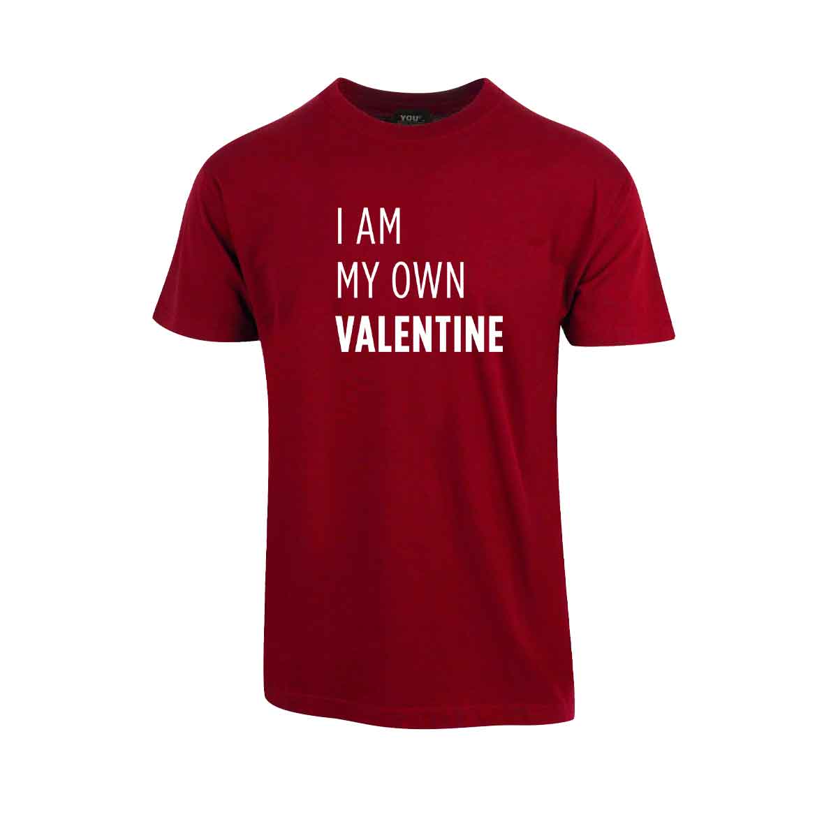 Rød t-skjorte fra YouBrands med fluoriserende trykk "I am my own Valentine"