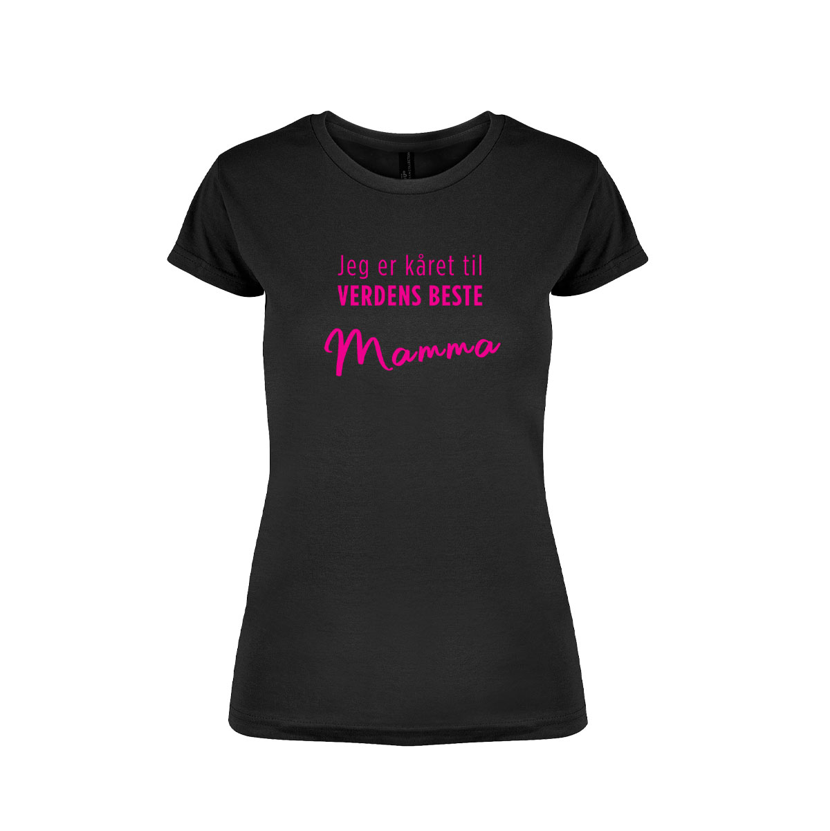 Svart t-skjorte fra YouBrands med fluoriserende trykk "Verdens Beste Mamma"