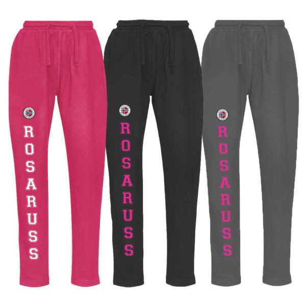 Bukse i rosa, sort og grå i sweatmateriale, med rosaruss-logo