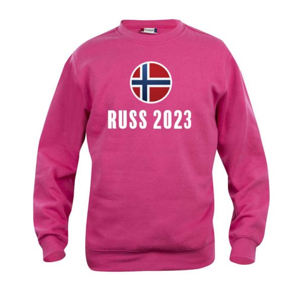 Rosa sweatshirt-genser med flagg og "Russ 2023"