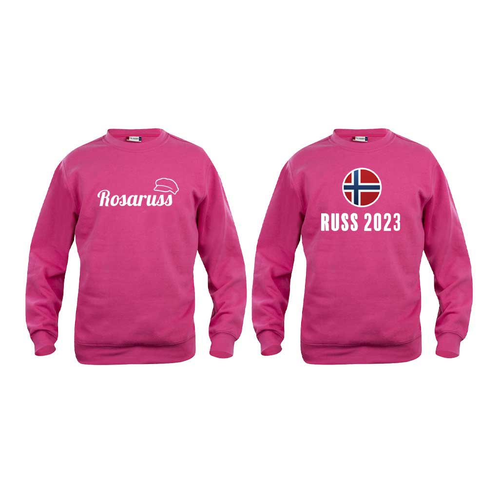 Rosa sweatshirt-gensere med flagg og "Russ 2021" og "Rosaruss"
