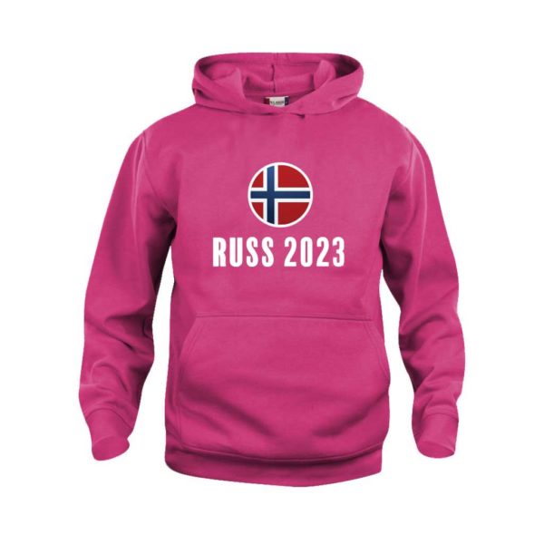 Rosa hettegenser med flagglogo og Russ 2023