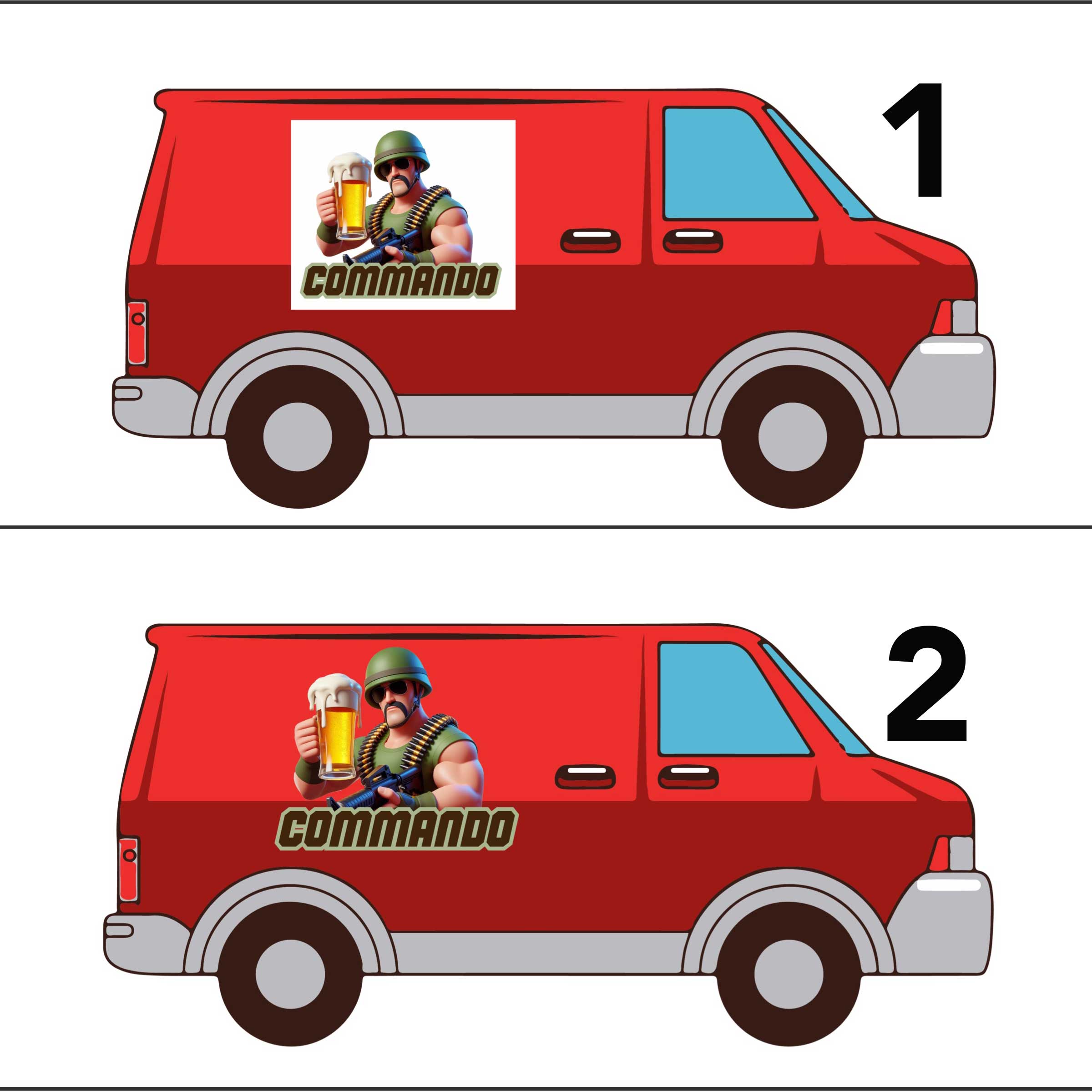 Eksempel som viser forskjell på vanlig og konturskåret logo på rød russebil