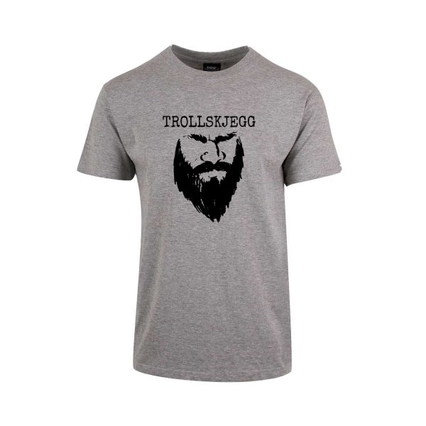 Grå t-skjorte med svart Trollskjegg-logo