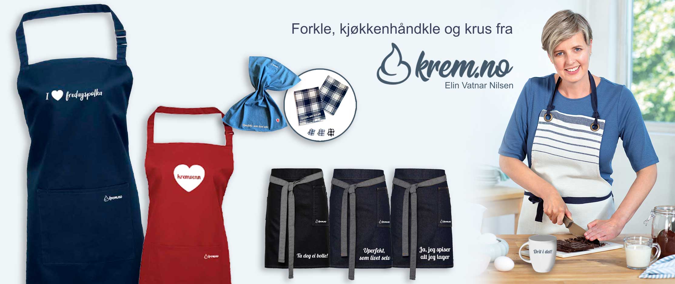 Banner med forklær, kjøkkenhåndklær og krus fra Krem.no og Elin Vatnar Nilsen