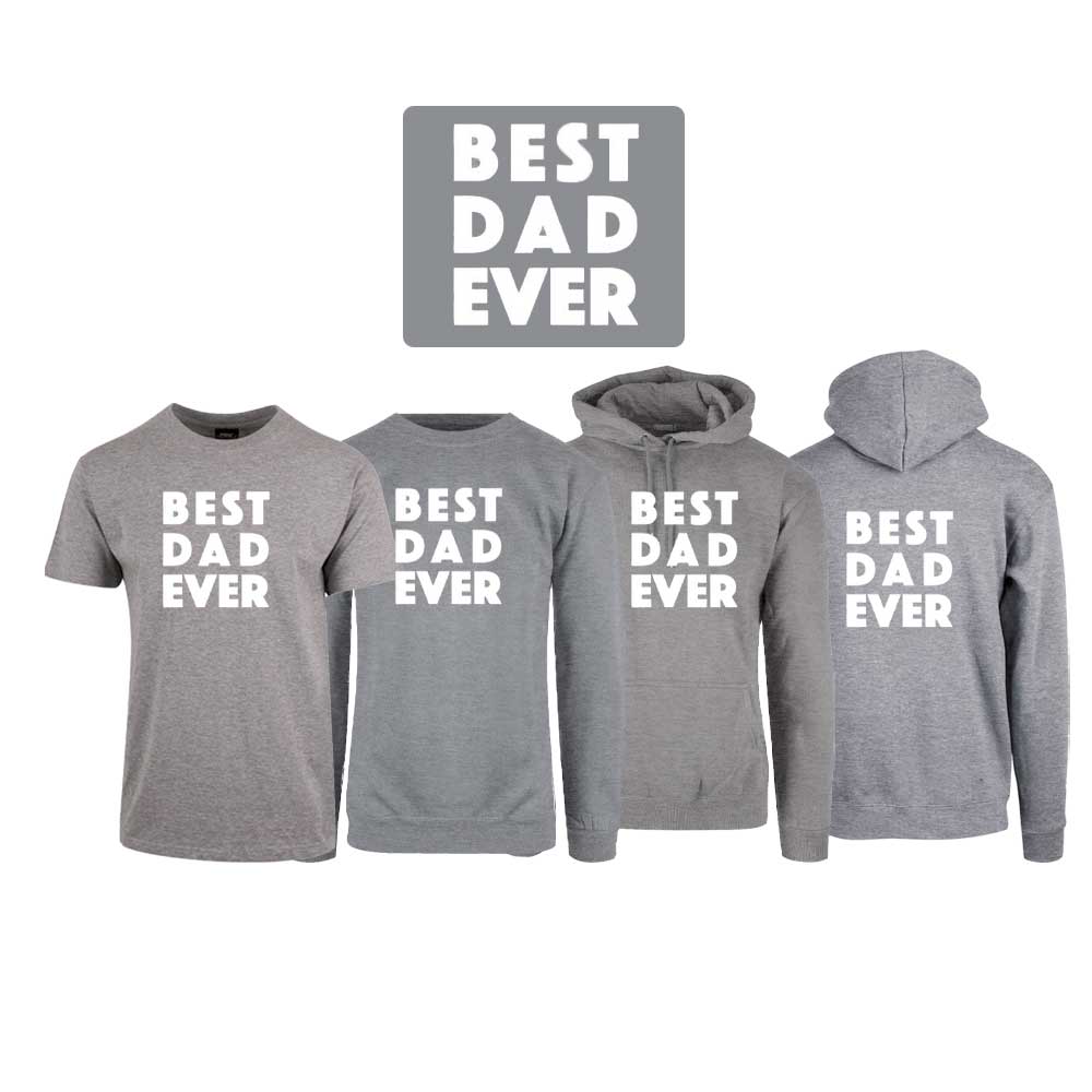 Gråmelert t-skjorte, sweatshirt, hettegenser og hettejakke med trykket "Best Dad Ever"