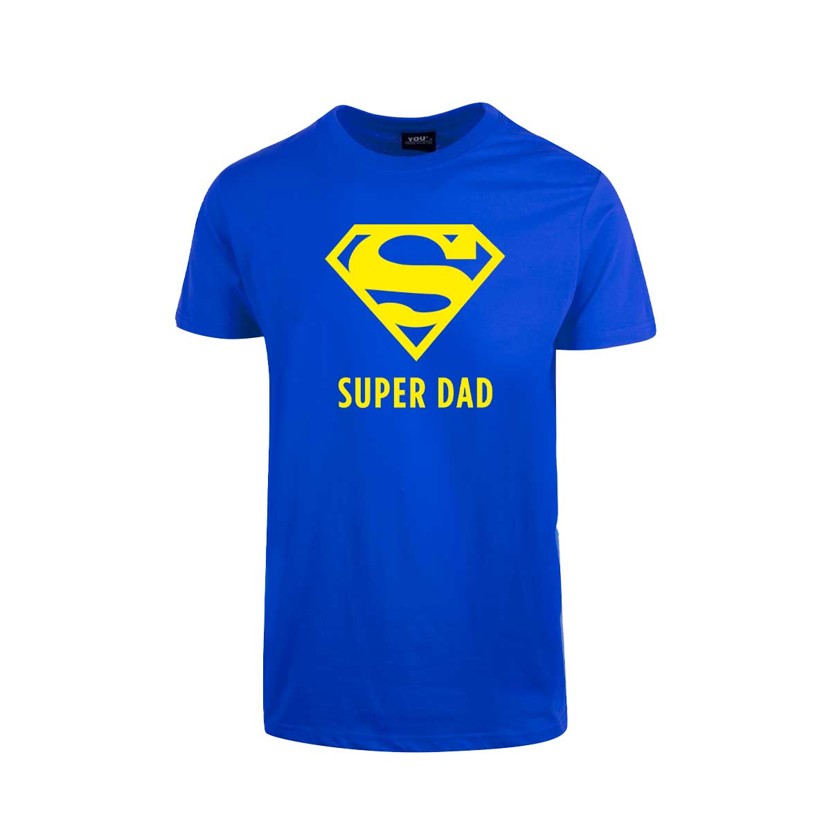 Blå t-skjorte med trykket "Super Dad" i gult
