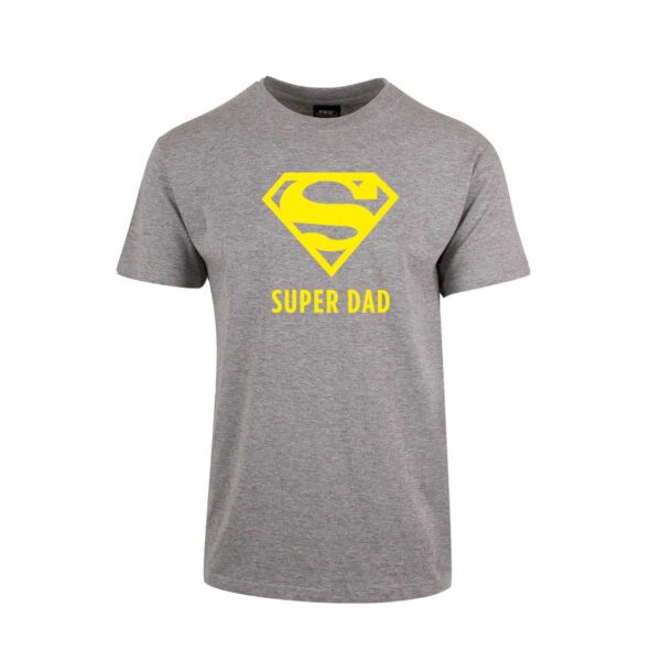 Grå t-skjorte med trykket "Super Dad" i gult