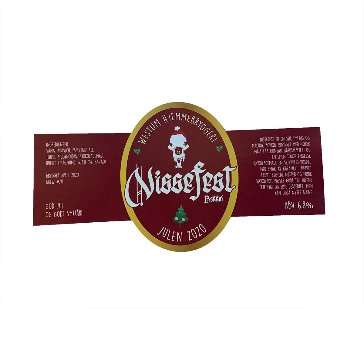 Konturskåret etikett i rødt og gull med påskriften "Nissefest"