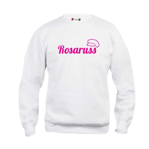 Hvit sweatshirt-genser med rosa, fluoriserende "Rosaruss"
