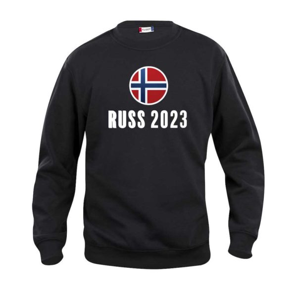 Sort sweatshirt-genser med flagg og "Russ 2023"