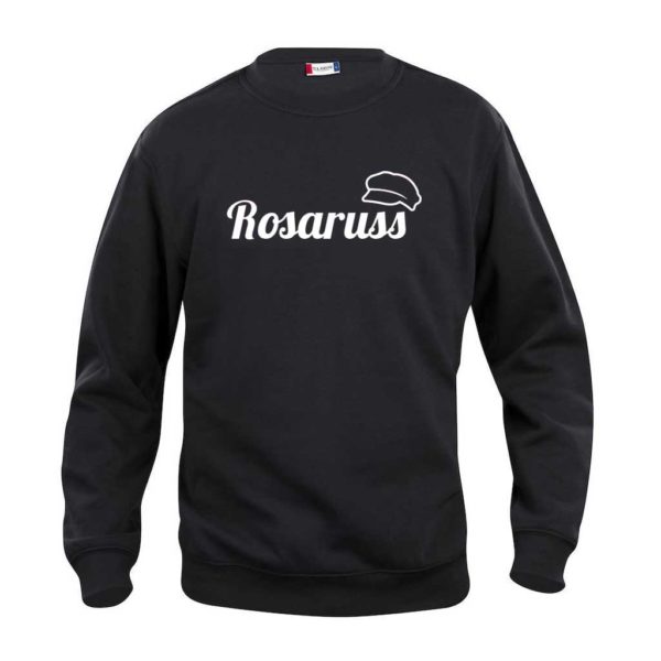 Sort genser med rundt hals og hvit Rosaruss-logo i front