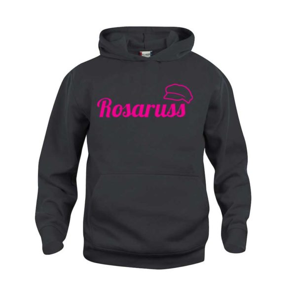 Sort hettegenser med rosa Rosaruss-logo
