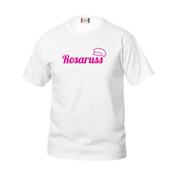 Hvit t-skjorte med rosa, fluoriserende trykk: Rosaruss