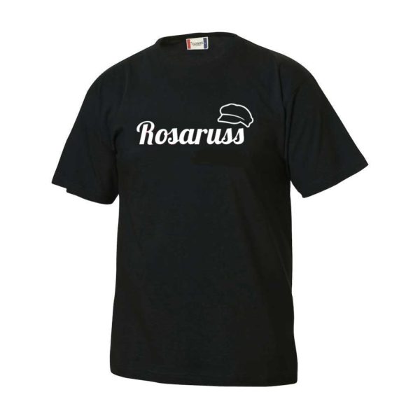 Sort t-skjorte med hvit rosaruss-logo i front