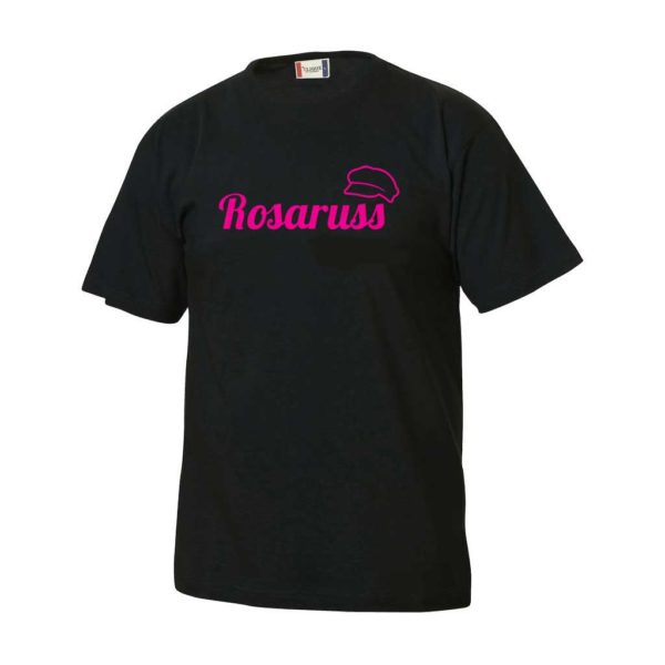 Sort t-skjorte med "Rosaruss" i fluoriserende rosa